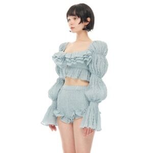 Pseudo Poems Simona Sky Blue Bud Ruffled Long Tiered Puff Sleeve Crop Top